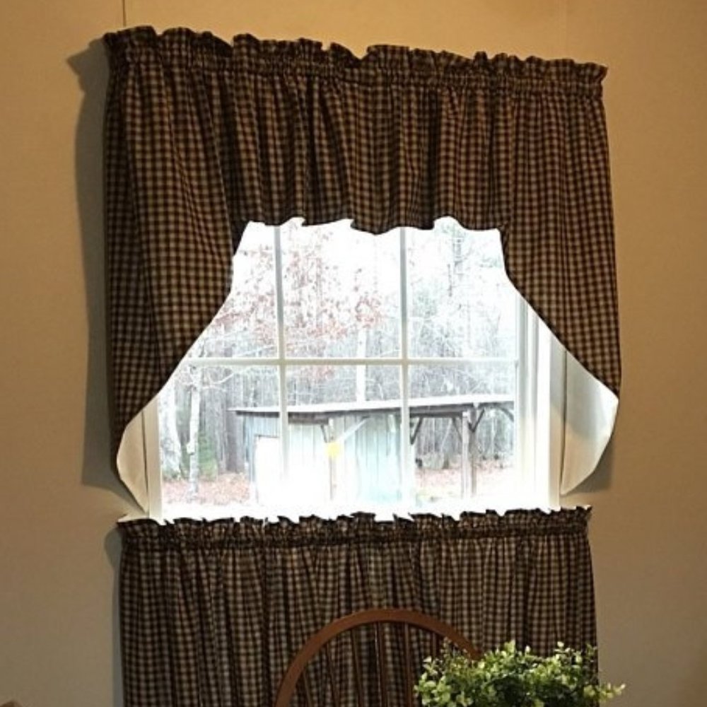 Handmade Country Primitive Black Plaid Homespun Swag Curtains 30" Lined